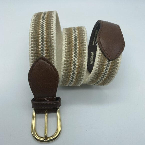 Unbranded Cream Brown Tan Cotton Canvas Belt w/ Leather Tabs 22086 Men's Size M - Picture 1 of 12